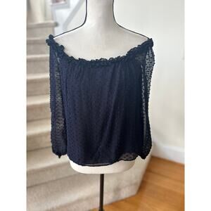 J.Crew Navy Blue Swiss Dot Off the Shoulder Silk Blouson Sleeve Blouse